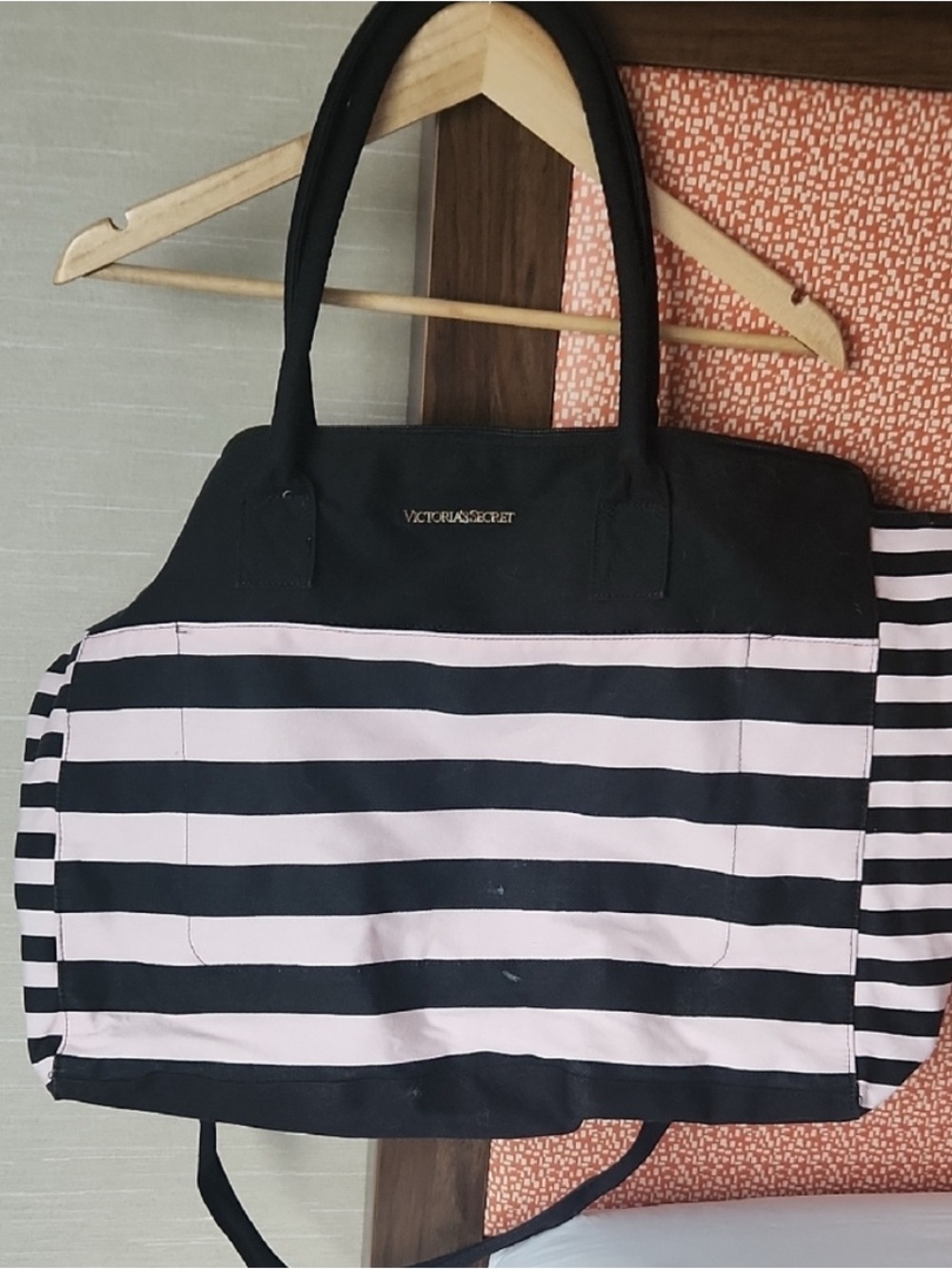 Victoria's Secret Black and Light Pink Striped Tote Bag